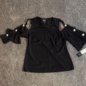 Coco Bianco Black Ruffle Sleeve Blouse with Pearl Accents